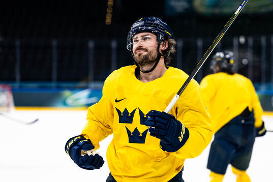 Rasmus Andersson of Sweden at an ice hockey practice session