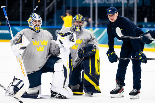 Goalkeeper Jesper Wallstedt and Filip Gustavsson of Sweden