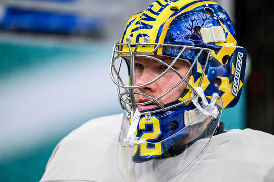 Goaltender Filip Gustavsson of Sweden at an ice hockey