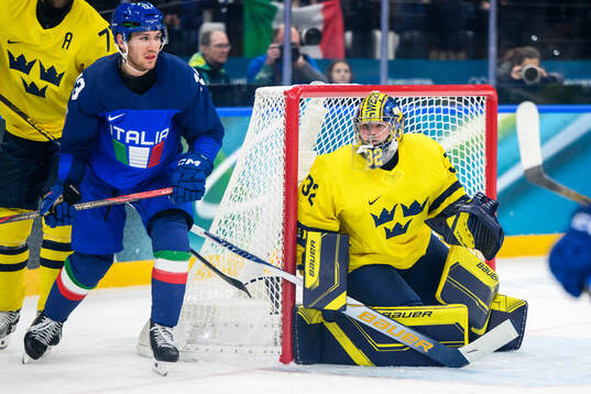 Filip Gustavsson of Sweden in the men's ice hockey game