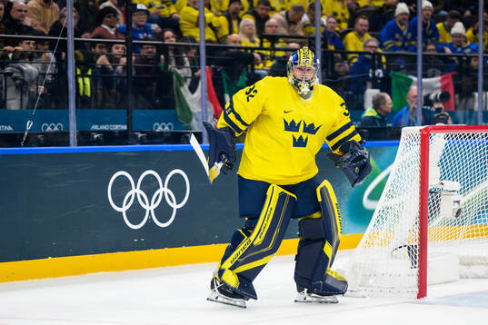 Filip Gustavsson of Sweden in the men's ice hockey game