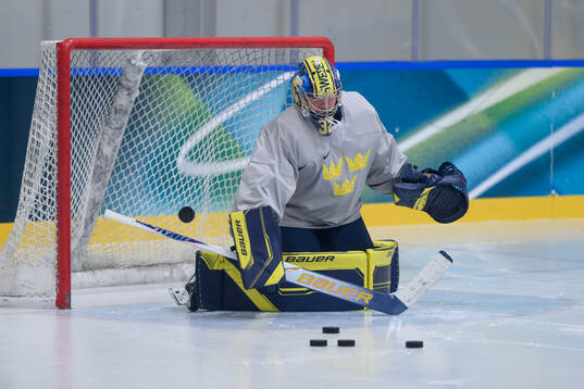 Goaltender Filip Gustavsson of Sweden at an ice hockey