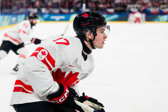 Macklin Celebrini of Canada in the men's ice hockey game