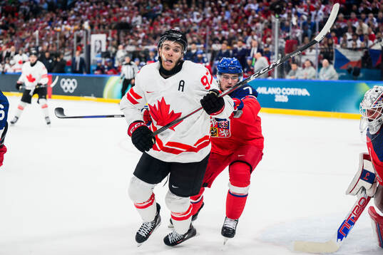 Connor McDavid of Canada and David Spacek of Czech