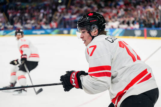 Macklin Celebrini of Canada in the men's ice hockey game