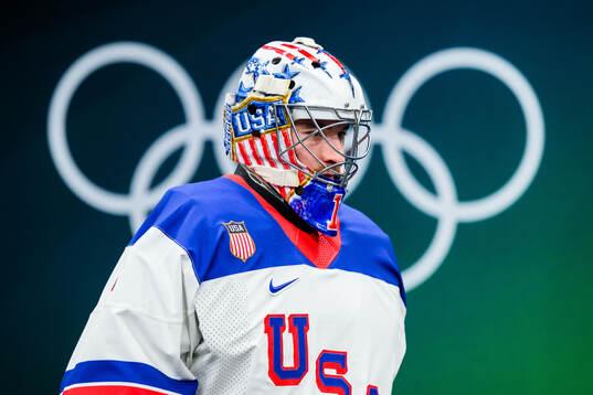 Goaltender Jeremy Swayman of USA