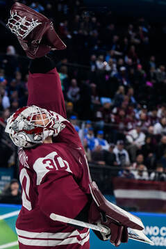 Goaltender Elvis Merzlikins of Latvia in the men's ice