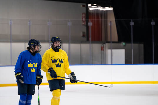 Anna Kjellbin and Hanna Olsson of Sweden at a ice hockey