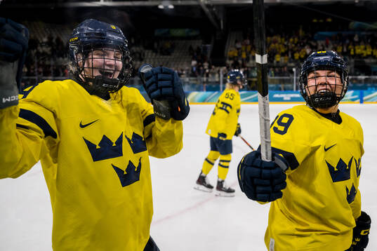 Jessica Adolfsson and Nicole Hall of Sweden celebrate