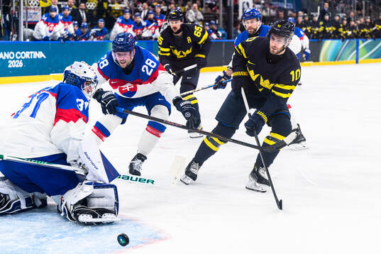 Goaltender Samuel Hlavaj and Martin Gernat of Slovakia and