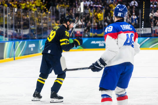 Adrian Kempe of Sweden celebrates 2-1 in the men's ice