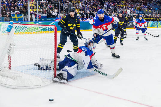 Gabriel Landeskog of Sweden and goaltender Samuel Hlavaj