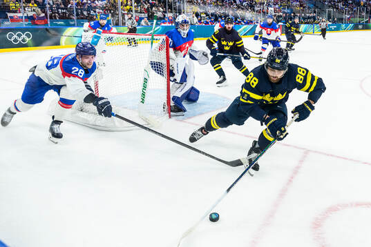 Martin Gernat and goaltender Samuel Hlavaj  of Slovakia and