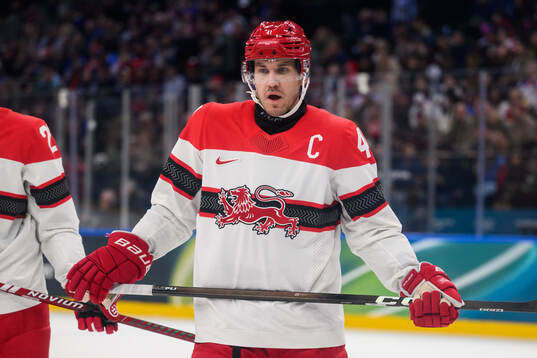 Jesper Jensen Aabo of Denmark in the men's ice hockey game