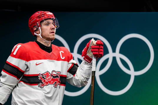 Jesper Jensen Aabo of Denmark in the men's ice hockey game