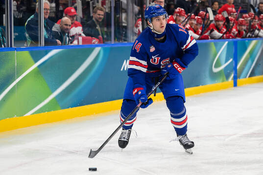 Brock Faber of USA in the men's ice hockey game between USA