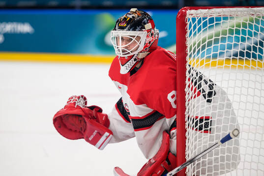 Goaltender Frederik Dichow of Denmark in the men's ice