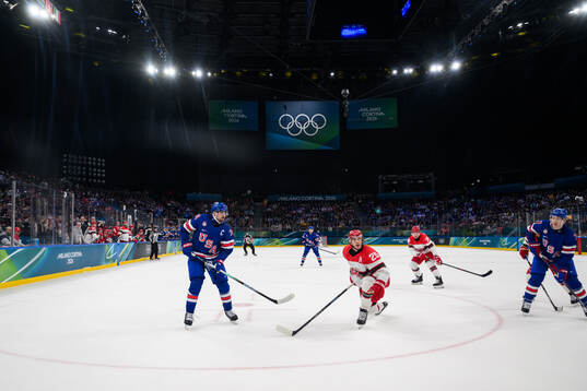 Auston Matthews of USA and Oliver Lauridsen of Denmark in