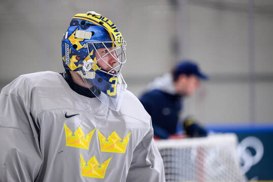 Goaltender Filip Gustavsson of Sweden at an ice hockey
