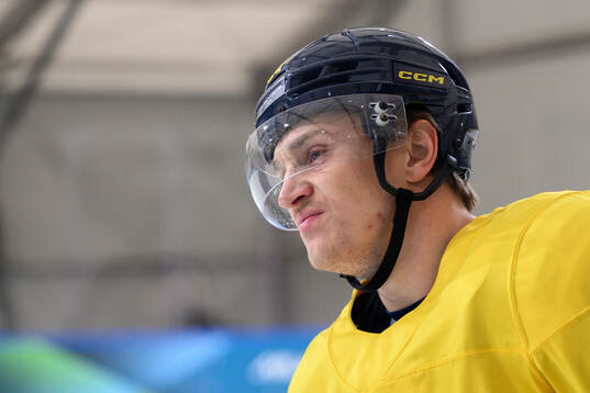 Pontus Holmberg of Sweden at an ice hockey practice session