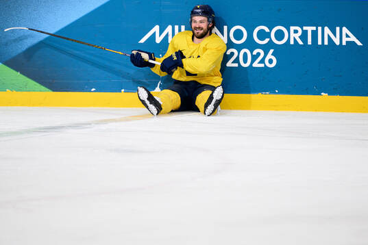 Rasmus Andersson of Sweden at an ice hockey practice session