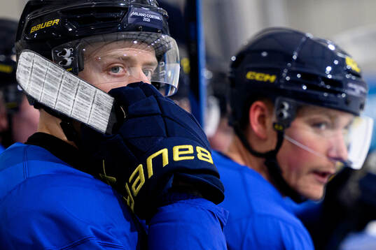 Jesper Bratt of Sweden at an ice hockey practice session