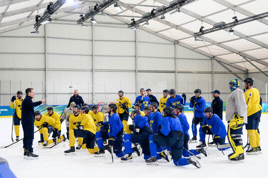 Head coach Sam Hallam of Sweden at an ice hockey practice