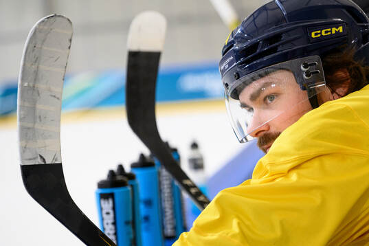 Rasmus Andersson of Sweden at an ice hockey practice session