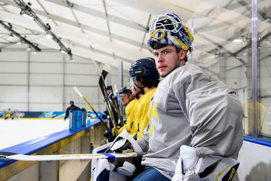 Goaltender Jesper Wallstedt of Sweden at an ice hockey
