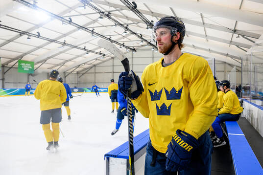 Elias Lindholm of Sweden at an ice hockey practice session