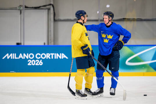 Hampus Lindholm and Rasmus Dahlin of Sweden  at an ice