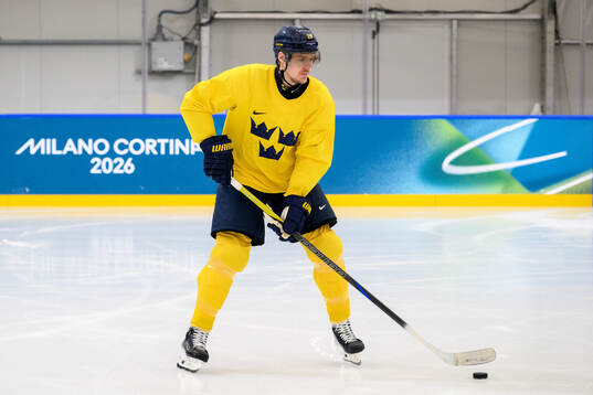Hampus Lindholm of Sweden at an ice hockey practice session