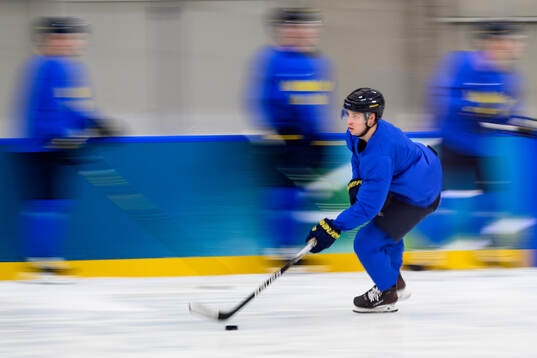 Jesper Bratt of Sweden at an ice hockey practice session