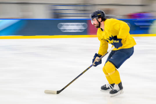 Rasmus Andersson of Sweden at an ice hockey practice session