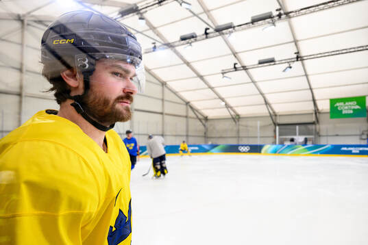 Rasmus Andersson of Sweden at an ice hockey practice session