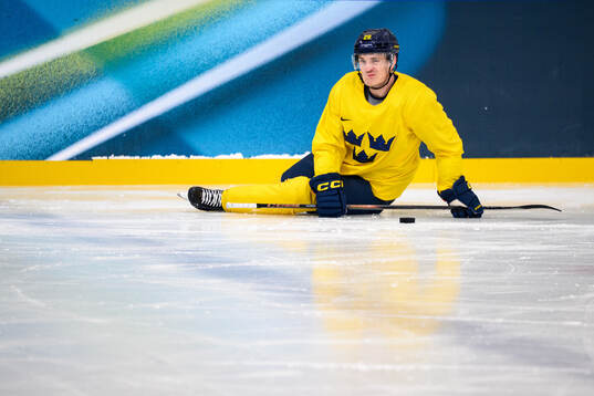 Pontus Holmberg of Sweden at an ice hockey practice session