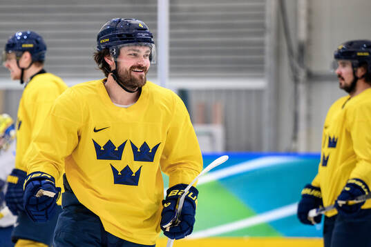 Rasmus Andersson of Sweden at an ice hockey practice session