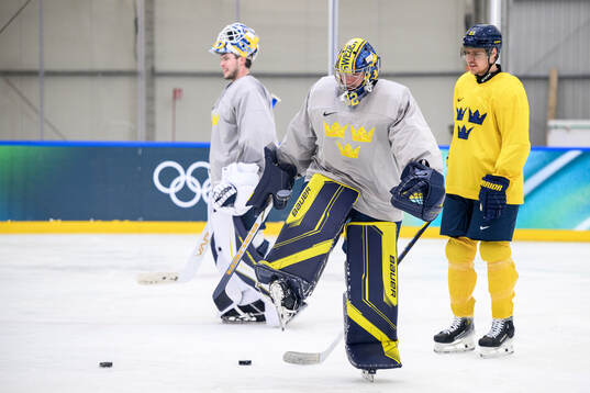 Goaltender Filip Gustavsson of Sweden at an ice hockey