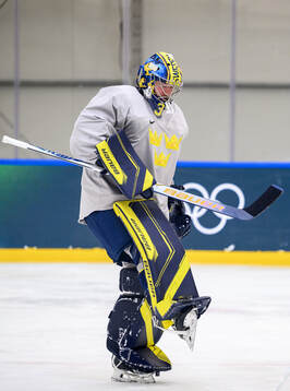 Goaltender Filip Gustavsson of Sweden at an ice hockey