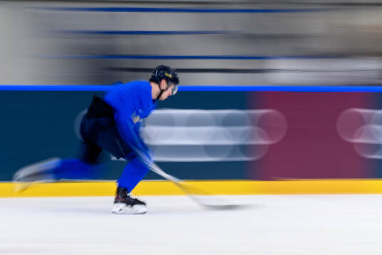 Jesper Bratt of Sweden at an ice hockey practice session