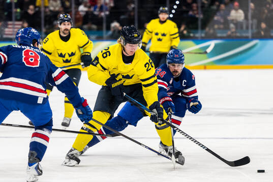 Rasmus Dahlin of Sweden and Auston Matthews of USA in the