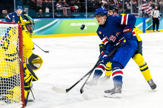 Goaltender Jacob Markström of Sweden and Tage Thompson of
