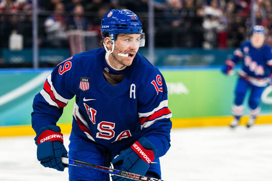 Matthew Tkachuk of USA in the men's ice hockey quarterfinal