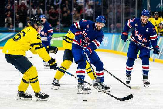 Jaccob Slavin of USA in the men's ice hockey quarterfinal
