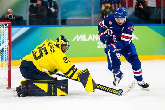 Goaltender Jacob Markström of Sweden and Auston Matthews
