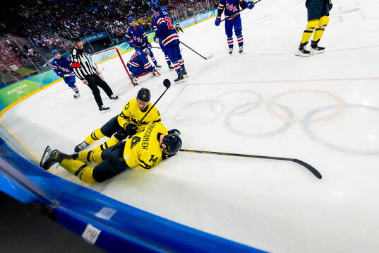 Lucas Raymond and Joel Eriksson Ek of Sweden  in the men's