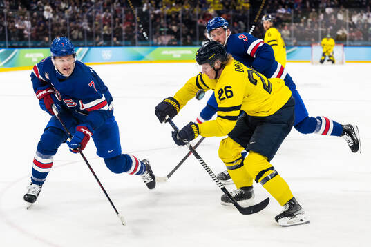 Brady Tkachuk of USA and Rasmus Dahlin of Sweden in the
