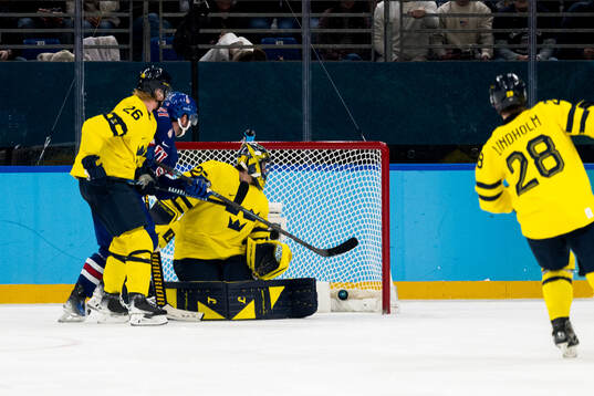 Goaltender Jacob Markström and Rasmus Dahlin of Sweden as