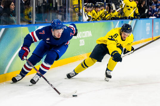 Brady Tkachuk of USA and Philip Broberg of Sweden in the