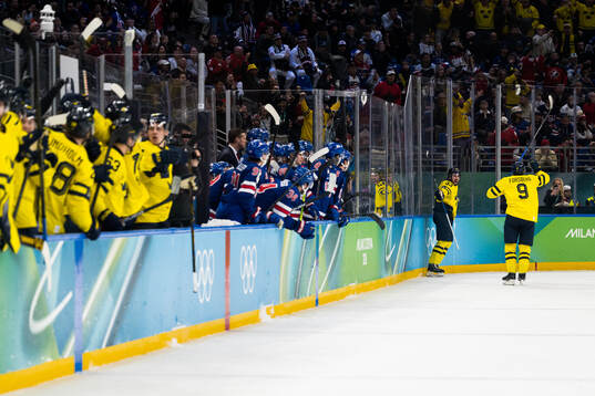 Mika Zibanejad and Filip Forsberg of Sweden celebrate